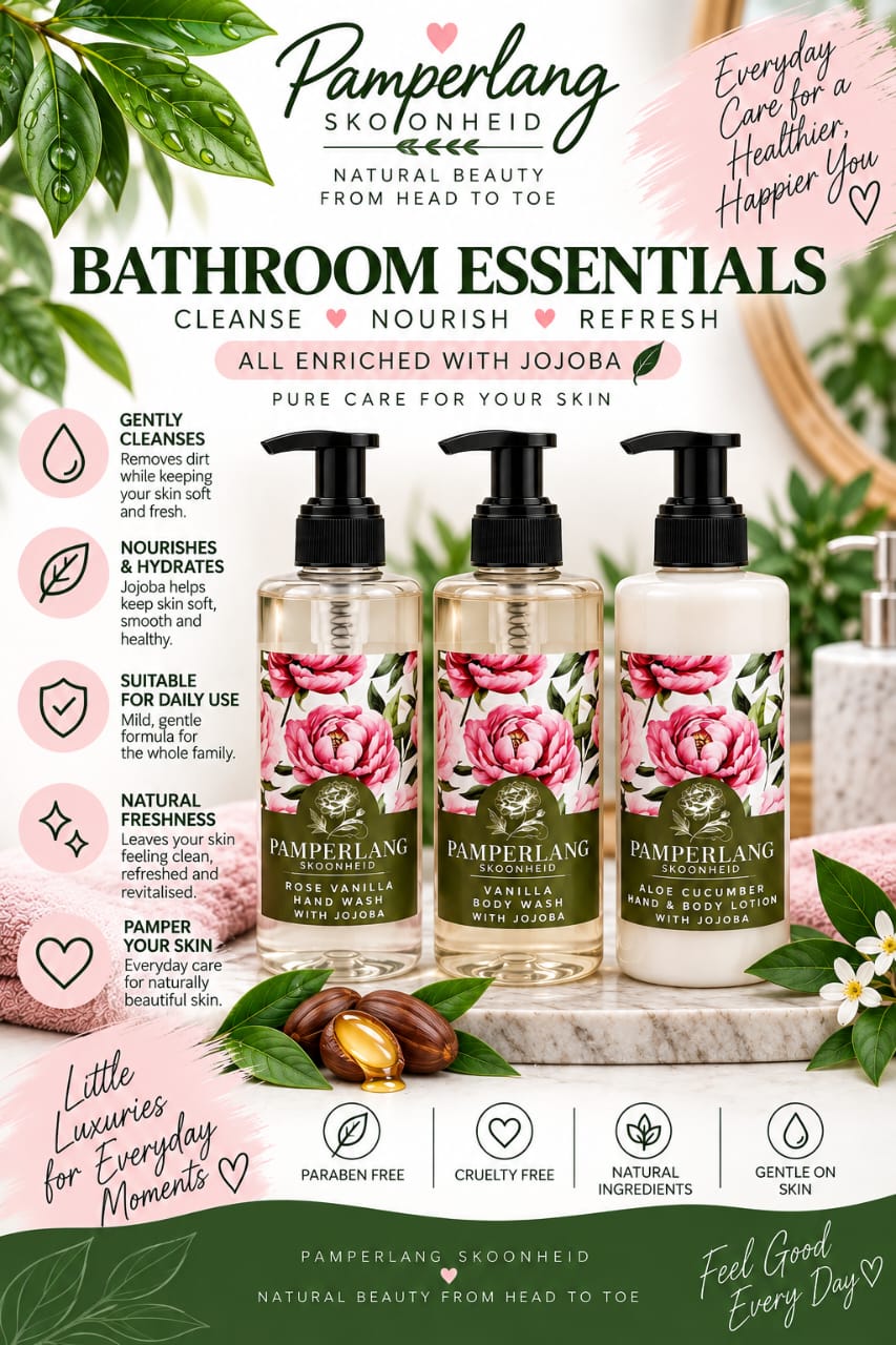 Pamperlang Bathroom Essentials — Rose Vanilla Hand Wash, Vanilla Body Wash, Aloe Cucumber Hand & Body Lotion, all enriched with Jojoba