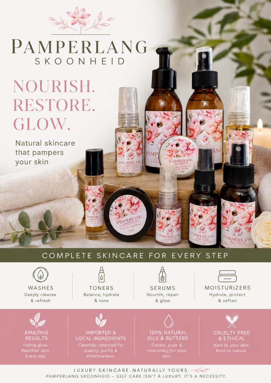 Pamperlang Skoonheid — Nourish. Restore. Glow. Complete natural skincare for every step: washes, toners, serums and moisturizers.