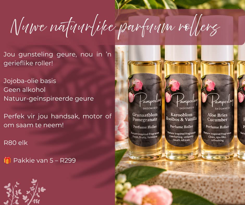New natural perfume rollers — Jojoba oil base, alcohol free. R80 each, pack of 5 R299